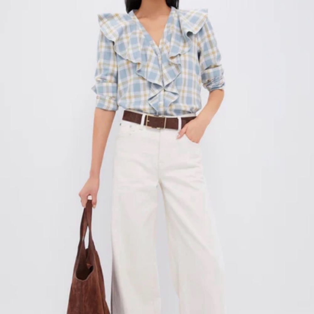 Tuckernuck Blue Plaid Button Down Shirt Ruffle Blouse NWT medium New with tags - Picture 2 of 2